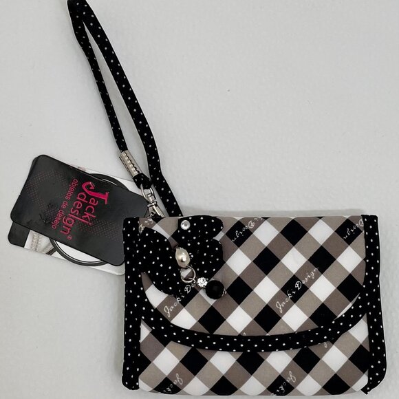 Jacki Design Handbags - NWT JACKI DESIGN WRISTLET FLAPTOP WALLET COIN MAKEUP BLACK/WHITE BOW W/BEADS